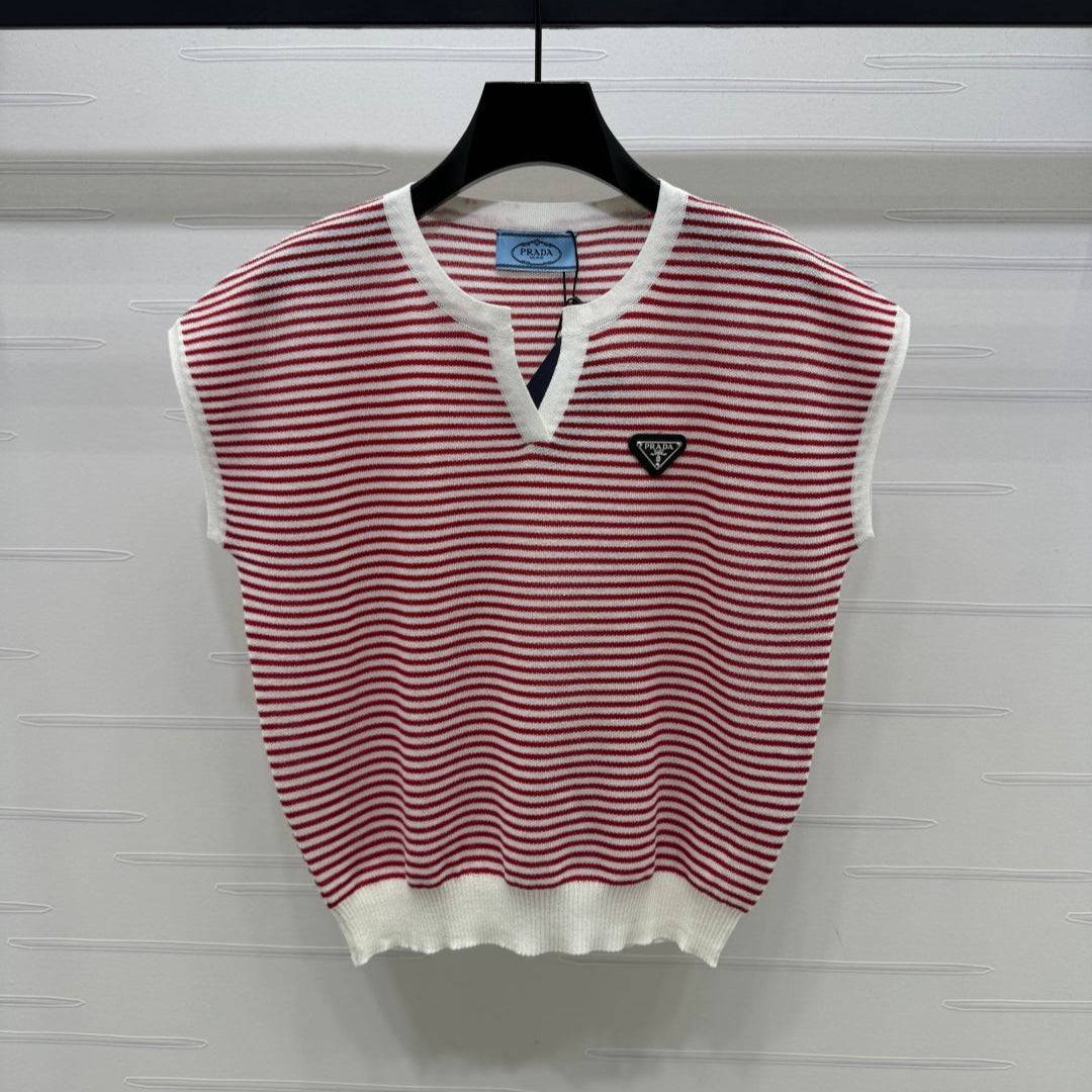 PRADA D 25S STRIPED V-NECK KNITTED VEST 264127