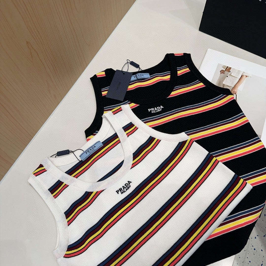 PRADA STRIPED TANK TOP 627701 IN BLACK MIX MULTICOLR COTTON RIBBED