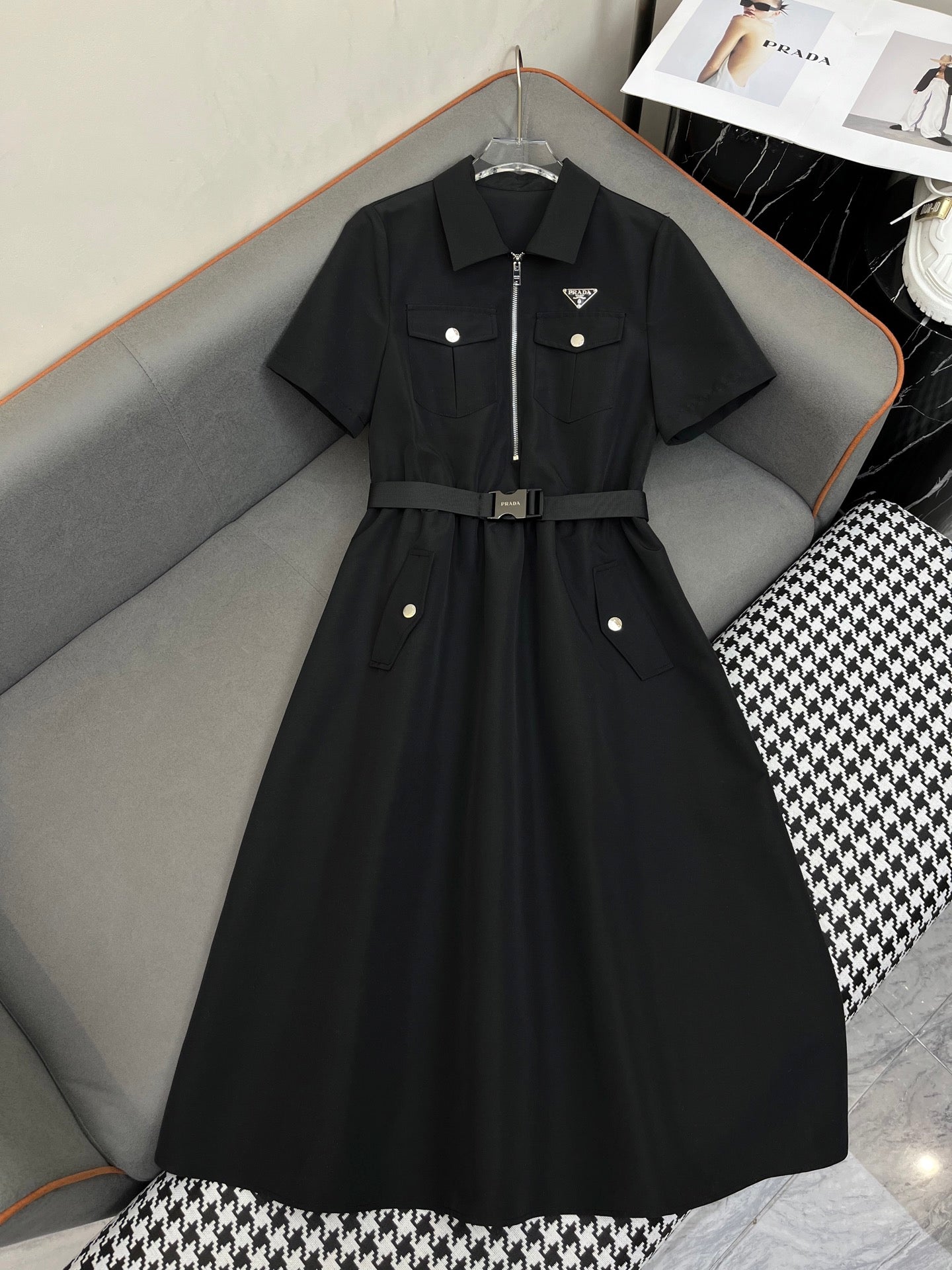 PRADA SHIRT DRESS WITH ZIP-UP COLLAR AND BELT