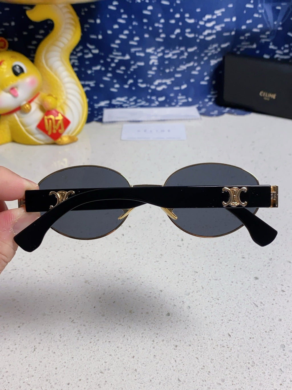 CELINE TRIOMPHE SUNGLASS 538532 IN BLACK ACETATE GOLD METAL